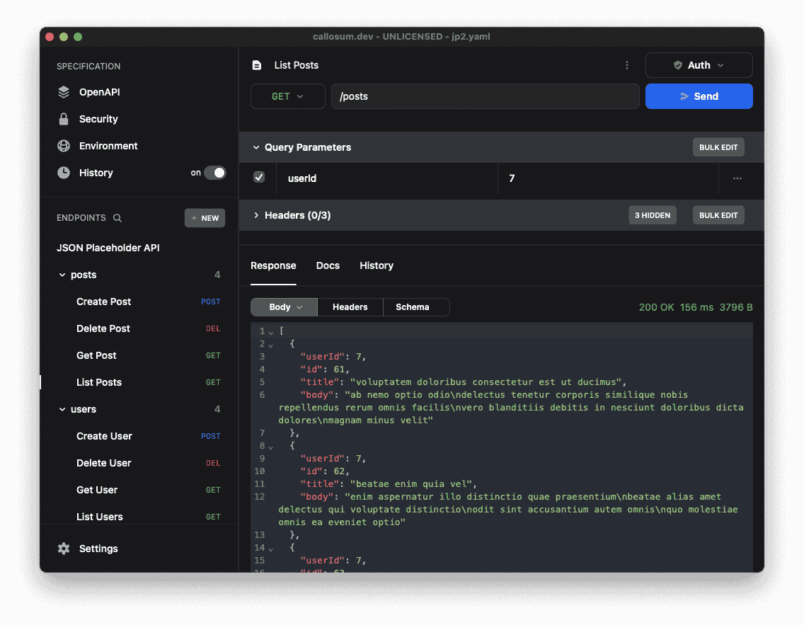 Screenshot of the application, showing a typical request and JSON response data